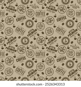 Seamless coffee pattern. This illustration can be used for backgrounds, wallpaper or fabric designs in the context of coffee shops or coffee product branding.