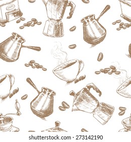 Seamless coffee pattern. Turkish coffee cup, geyser coffee maker, cup and coffee beans. Hand drawn sketch illustration.