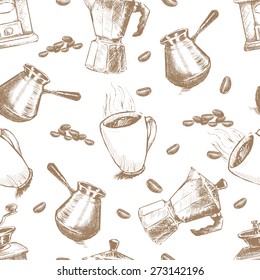 Seamless coffee pattern. Turkish coffee cup, geyser coffee maker, cup and coffee beans. Hand drawn sketch illustration.