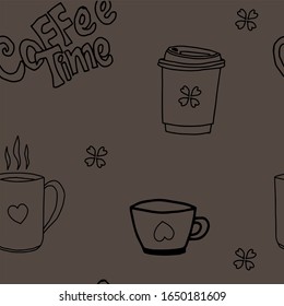 Seamless coffee pattern, vector background. Cute drinks, hot drinks flat line icons - takeaway coffee, mugs with hot drink, cups. Repeating texture for cafe menu, shop wrapping paper.