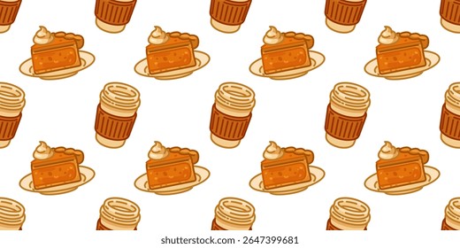Seamless Coffee Pumpkin Pie Pattern. Seamless pattern with pumpkin pie slices and coffee cups in flat cartoon style. Warm autumn dessert design on white background.