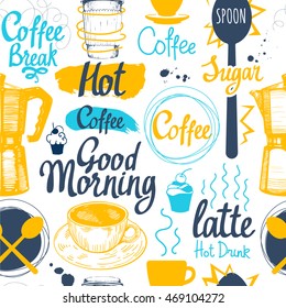 Seamless coffee sketch background. Hot drinks menu. Vector Illustration pattern with cup, maker, beans, spoon, labels. Decorative elements for your packing design. Multicolor decor.