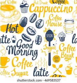 Seamless coffee sketch background. Hot drinks menu. Vector Illustration pattern with cup, maker, beans, spoon, labels.