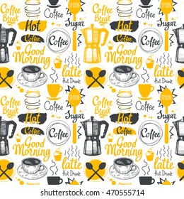 Seamless coffee sketch background. Hot drinks menu. Vector Illustration pattern with cup, maker, beans, spoon, labels. Decorative elements for your packing design. Multicolor decor.