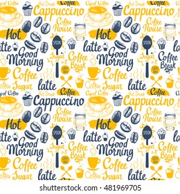 Seamless coffee sketch background. Hot drinks menu. Vector Illustration pattern with cup, maker, beans, spoon, labels. Decorative elements for your packing design. Multicolor decor.