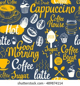 Seamless coffee sketch background. Hot drinks menu. Vector Illustration pattern with cup, maker, beans, spoon, labels.