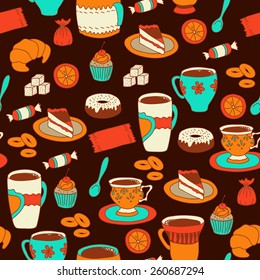Seamless coffee and tea pattern with sweets stuff