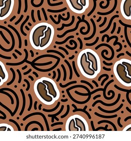 Seamless coffee themed pattern in brown tones featuring coffee beans and abstract doodle, hand drawn repeat ideal for café branding, packaging and textile print design.