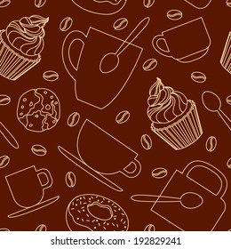 Seamless coffee time pattern with cups, mugs, cakes, cookies and coffee beans