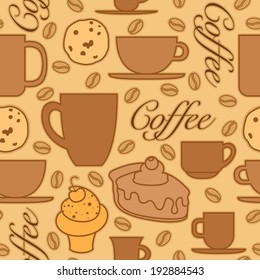 Seamless coffee time pattern with cups, mugs, cakes, cookies and coffee beans