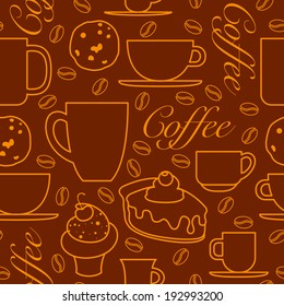 Seamless coffee time pattern with cups, mugs, cakes, cookies and coffee beans