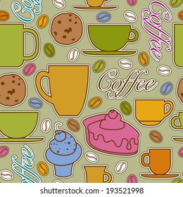 Seamless coffee time pattern with cups, mugs, cakes, cookies and coffee beans