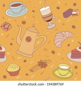 Seamless coffee time vector pattern with sweets, cup coffee, piece of cake and coffee beans. 