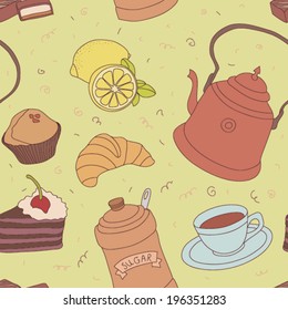 Seamless coffee time vector pattern with sweets, cup of coffee, piece of cake and coffee beans.