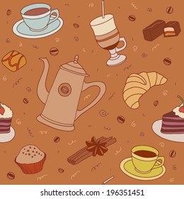 Seamless coffee time vector pattern with sweets, cup of coffee, piece of cake and coffee beans.
