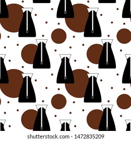 Seamless coffee vector pattern. Black contoured eva solo isolated on white background. Brown circles. Simple colorful illustration. Line work. Perfect for wallpaper or fabric.