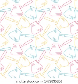 Seamless coffee vector pattern. Blue, yellow and pink contoured cezve isolated on white background. Simple colorful illustration. Line work. Perfect for wallpaper or fabric.