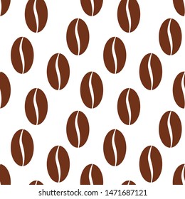 Seamless coffee vector pattern. Flat brown coffee beans isolated on white background. Simple colorful illustration. Perfect for wallpaper or fabric.