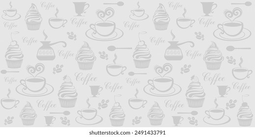 Fondo de pantalla de café sin costura. Menú del restaurante Antiguas. Comida y bebida sin patrón de garabatos. Patrón de comida y bebida. Horizontal Anuncio. Anuncio de Web. Ilustración vectorial