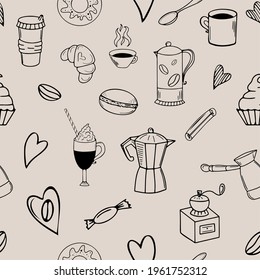 Seamless coffee-themed doodle pattern on beige background