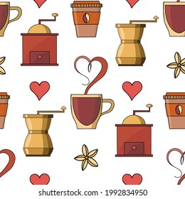 Seamless coffee-themed pattern. A cup of coffee, a heart-shaped steam, two different coffee grinders. For backgrounds, menus, design of flyers, postcards, packaging. Vector illustration