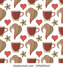 Seamless coffee-themed pattern. A cup of coffee, a heart. For backgrounds, menus, design of flyers, postcards, packaging. Vector illustration