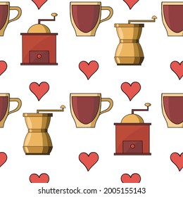 Seamless coffee-themed pattern. A cup of coffee, a heart-shaped steam, two different coffee grinders. For backgrounds, menus, design of flyers, postcards, packaging. Vector illustration