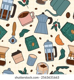 Seamless Coffee-Themed Pattern Featuring Cups, Beans, Accessories, and Pastries