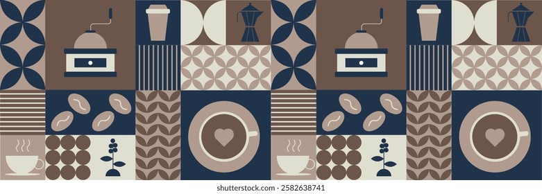 Seamless coffee-themed pattern featuring geometric shapes, coffee beans, steaming cups,  cezve, and coffee plants in a brown, beige, and navy color scheme. 