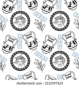Seamless coin pattern with an image of Medusa Gorgon. Hand-drawn doodle elements in sketch style. Vases with the feat of Perseus. Sprigs of laurel on a white background. 