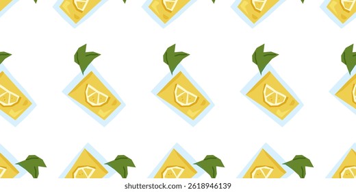 Seamless Cold Lemonade Glass Pattern. Seamless pattern with lemonade glasses, lemon slices, and green leaves in flat cartoon style on a white background.