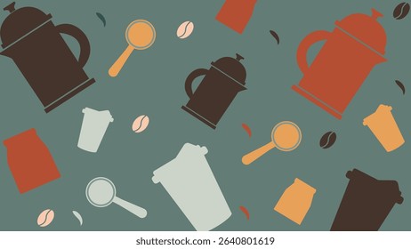 Seamless collage of coffee presses, beans, and magnifying glasses on teal backdrop. Perfect for themed cafe content and branding projects.