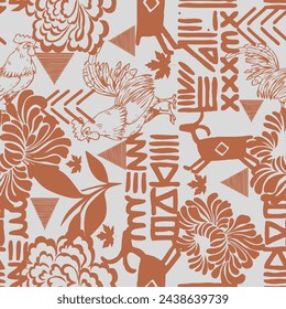 Seamless collage floral rooster, goat, triangle, Africa, motifs, background. Repeat many times. Vector illustration.