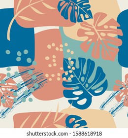 Seamless collage pattern with tropical monstera leaves, wrapping in trendy color 2020 year classic blue in vector.