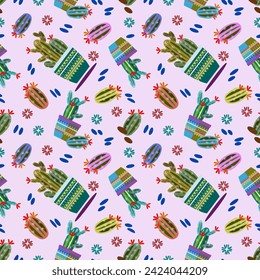 Seamless collection of beautiful cacti with light purple background. Vector illustration for textiles, wallpaper, gift wrap.