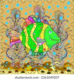 Seamless Collection of cartoon reef fishes. Doodle tropical fish on a green, beige and yellow colors. Vector. Bubbles. Orange. Light.