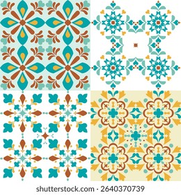 A seamless collection of colorful vintage floor tiles. Traditional Mediterranean ceramic designs. Vintage style. Perfect for wallpaper, floor tiles, kitchen backsplashes, or strong textile patterns.
