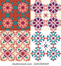 A seamless collection of colorful vintage floor tiles. Traditional Mediterranean ceramic designs. Vintage style. Perfect for wallpaper, floor tiles, kitchen backsplashes, or strong textile patterns.
