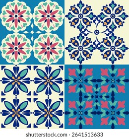 A seamless collection of colorful vintage floor tiles. Traditional Mediterranean ceramic designs. Vintage style. Perfect for wallpaper, floor tiles, kitchen backsplashes, or strong textile patterns.
