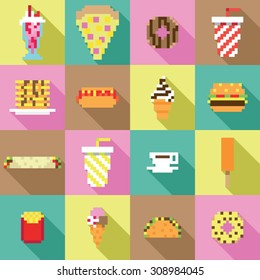 Seamless collection, pixel, vintage, diner food pattern in vector