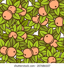 Seamless color apple pattern in engraving style. Vector