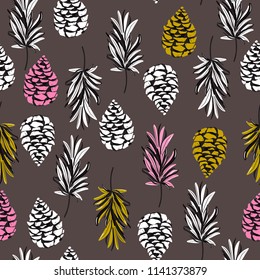 Seamless color autumn elements of nature, pine nuts, leaves. Vector drawing autumnal theme for fashion,fabric,and all prints on stylish brown color background