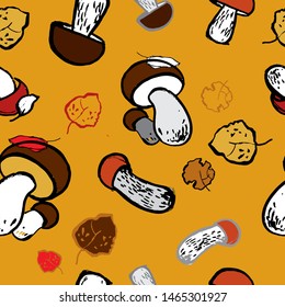 Seamless color autumn pattern with mushrooms and leaves hand-drawn. Wrapping paper, children's textiles, Wallpaper, background for the site. Cute cartoon vector illustration