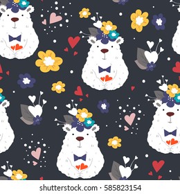 Seamless color background with funny bears and flowers. Vector illustration