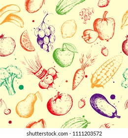 Seamless color background with hand-drawn vegetables, fruits and berries