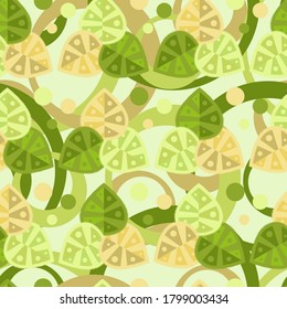 Seamless color background image of multicolored leaves and circles.
