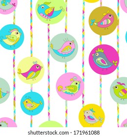 Seamless color background. Image parrots. Bright spring colors, pattern of triangles, circles. The white background. 