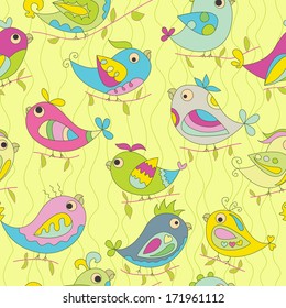 Seamless color background. Image parrots. Bright spring colors. The yellow background. green wavy line. 