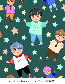 Seamless color background with Kpop characters in different outfits from music videos, Korean style, cute kids