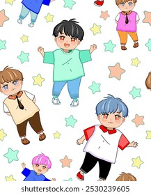 Fundo de cor sem costura com personagens Kpop em roupas diferentes de vídeos de música, estilo coreano, crianças bonitas